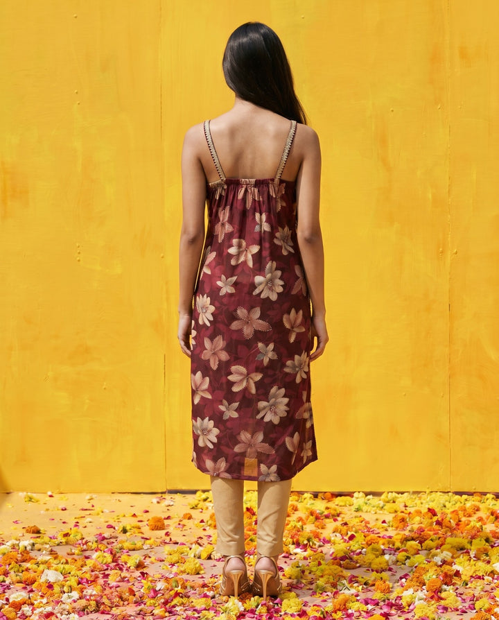 Maroon Printed Viscose Blended Spaghetti Strap Straight Cut Long Kurta