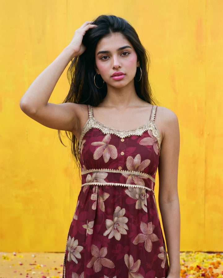 Maroon Printed Viscose Blended Spaghetti Strap Straight Cut Long Kurta