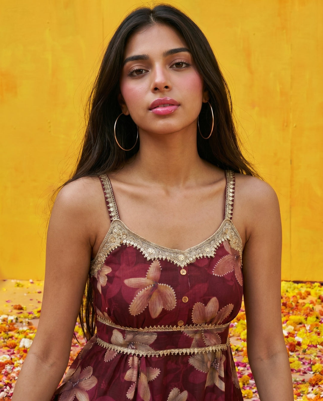 Maroon Printed Viscose Blended Spaghetti Strap Straight Cut Long Kurta
