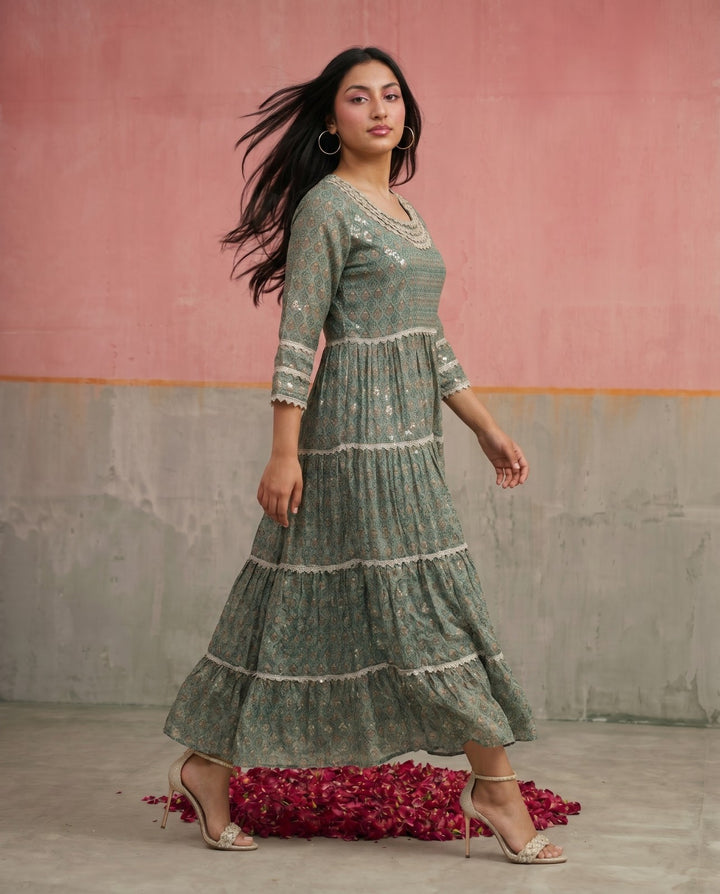 Green Printed Silk Blended Maxi Dress