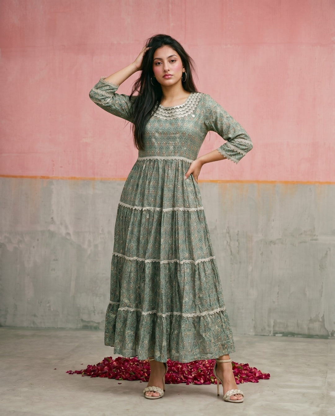 Green Printed Silk Blended Maxi Dress