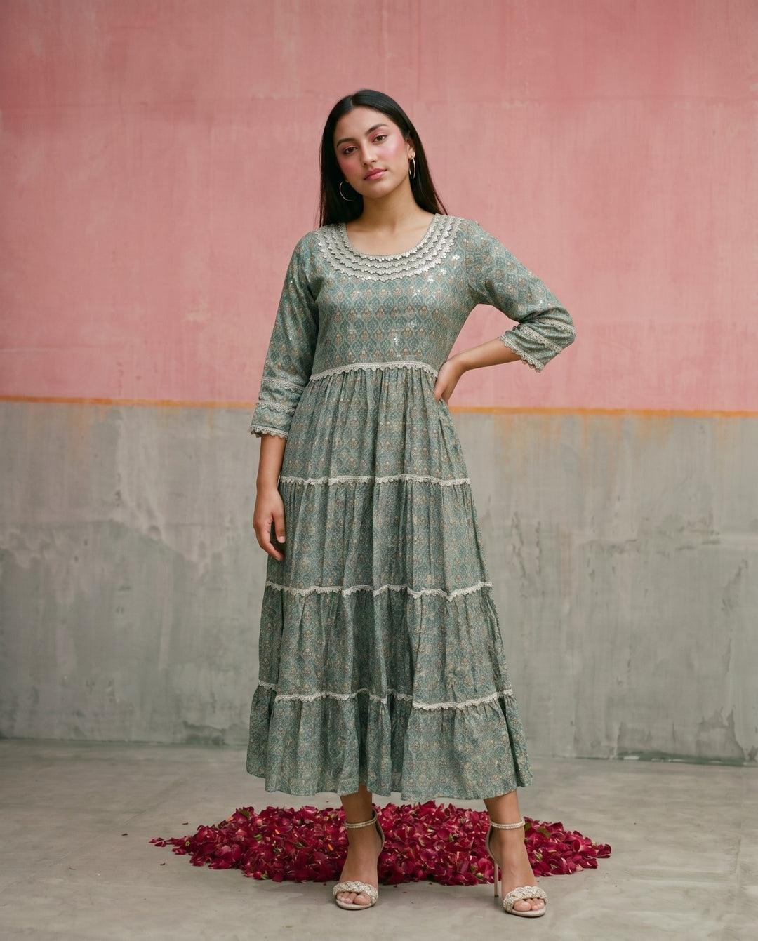Green Printed Silk Blended Maxi Dress