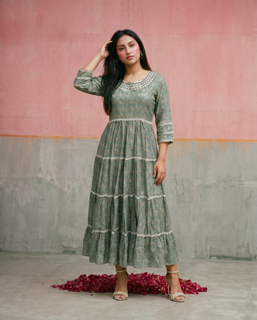 Green Printed Silk Blended Maxi Dress