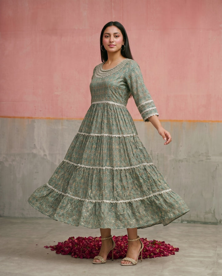 Green Printed Silk Blended Maxi Dress