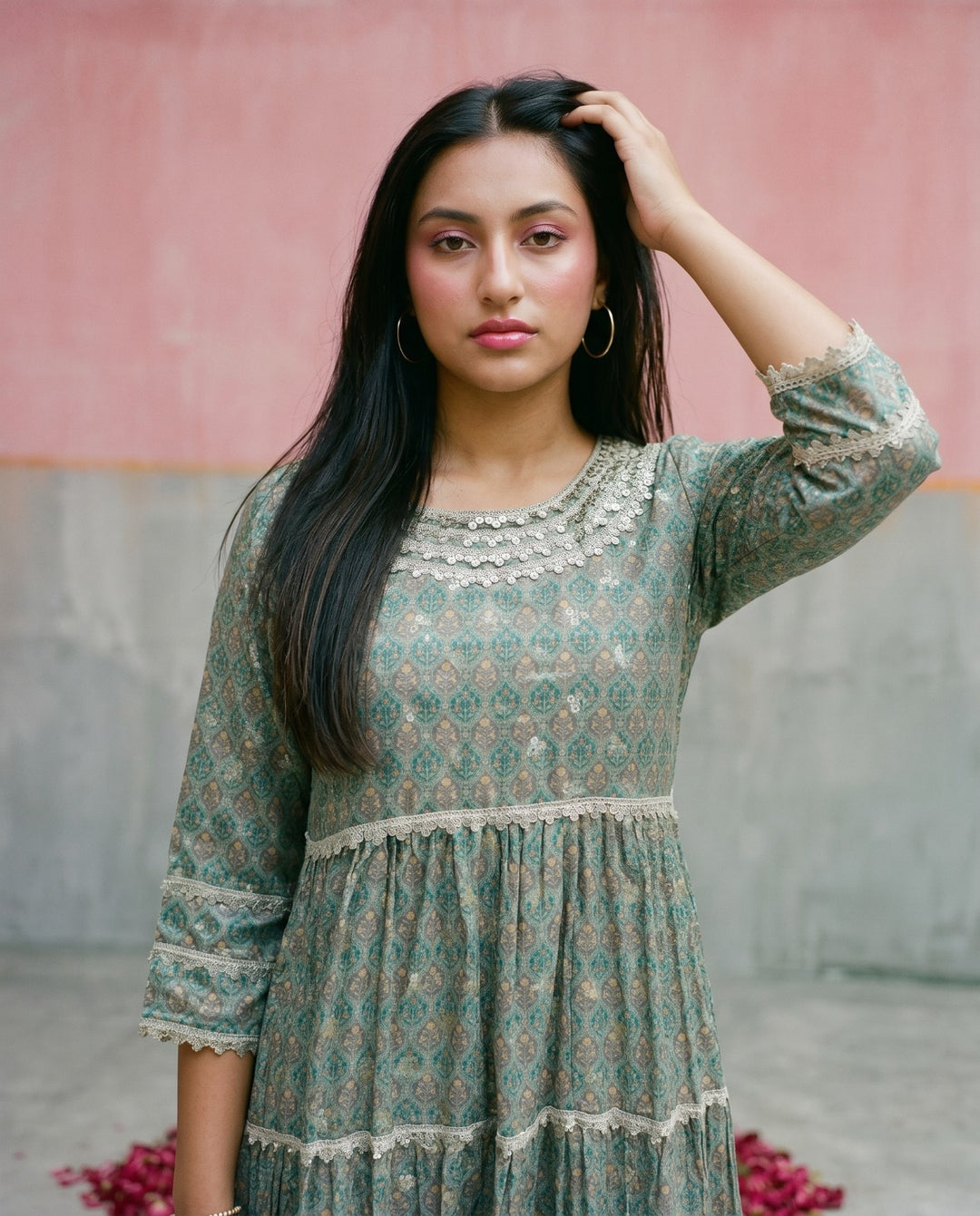 Green Printed Silk Blended Maxi Dress