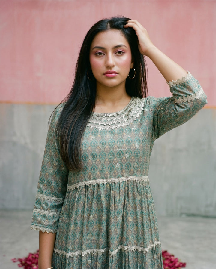 Green Printed Silk Blended Maxi Dress