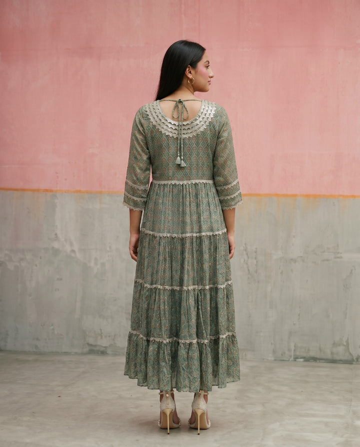 Green Printed Silk Blended Maxi Dress