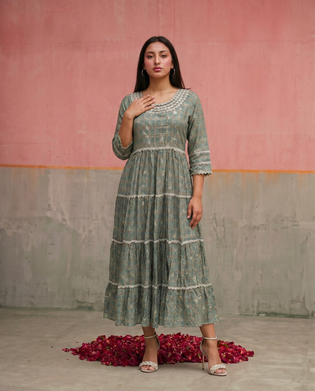 Green Printed Silk Blended Maxi Dress
