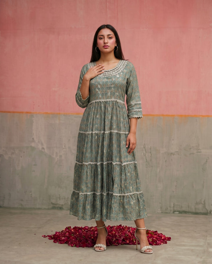 Green Printed Silk Blended Maxi Dress