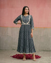 Navy Printed Silk Blended Maxi Dress