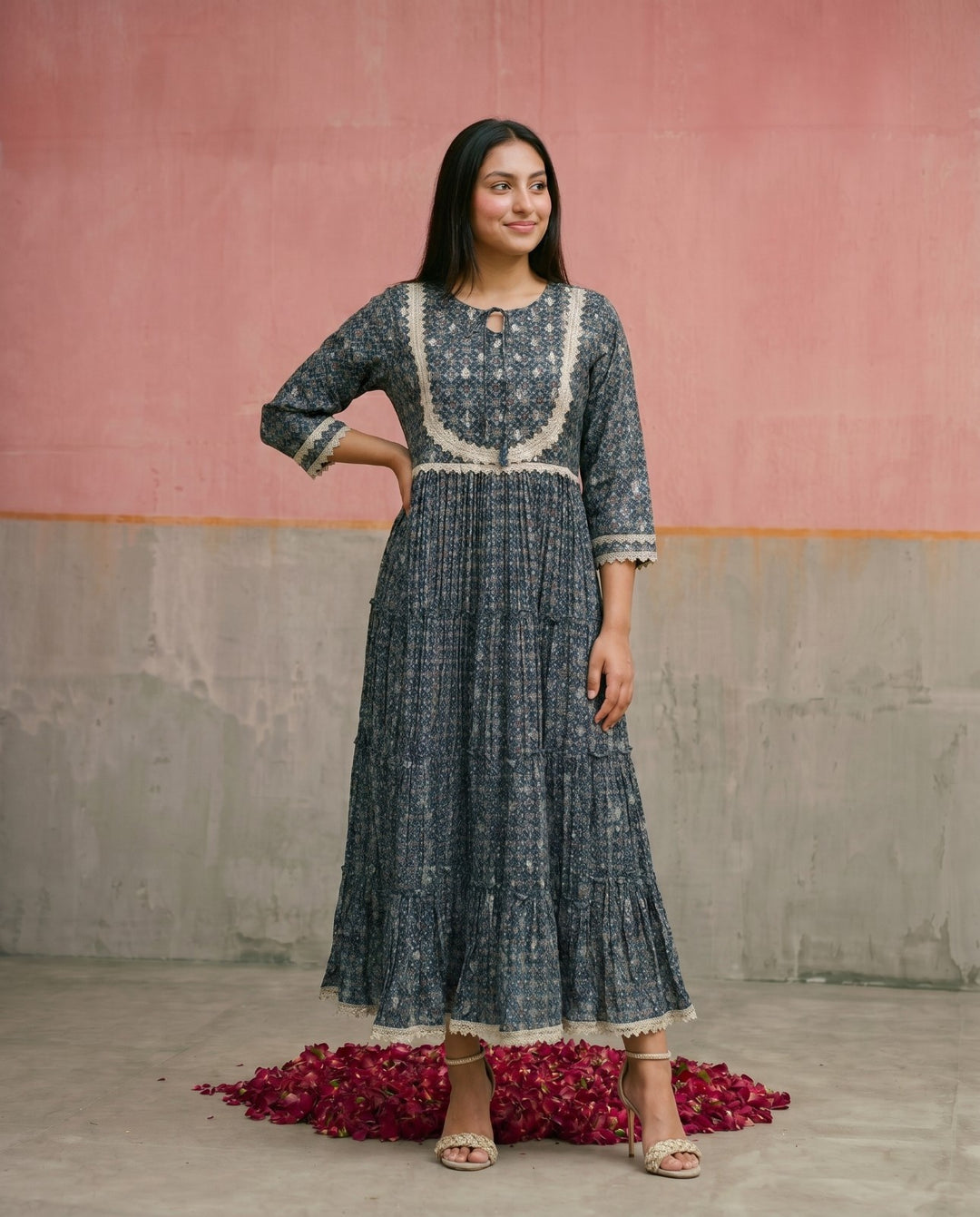Navy Printed Silk Blended Maxi Dress