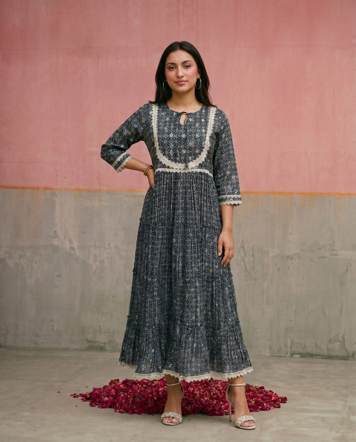 Navy Printed Silk Blended Maxi Dress