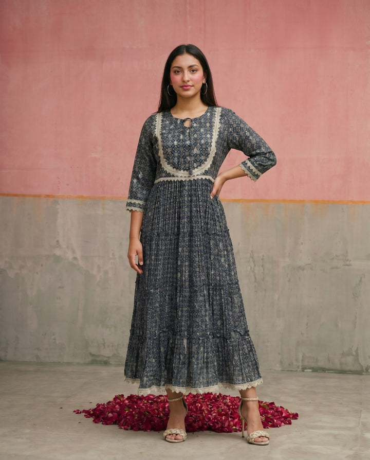 Navy Printed Silk Blended Maxi Dress