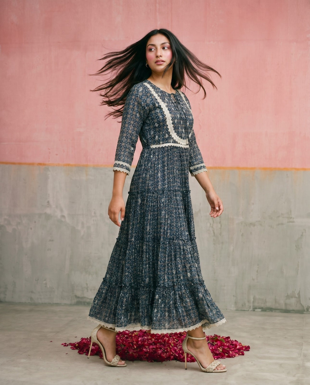 Navy Printed Silk Blended Maxi Dress