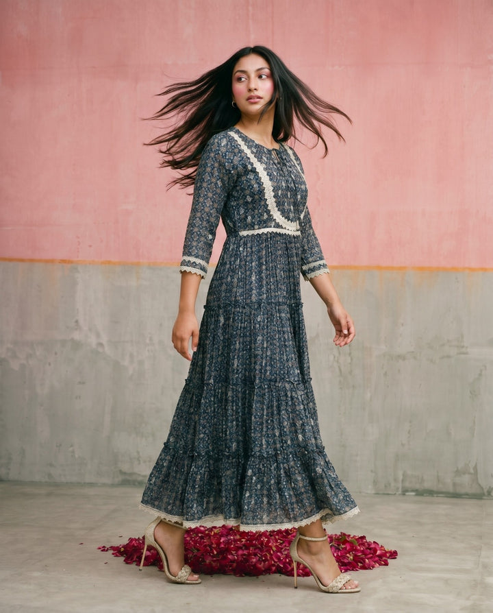 Navy Printed Silk Blended Maxi Dress