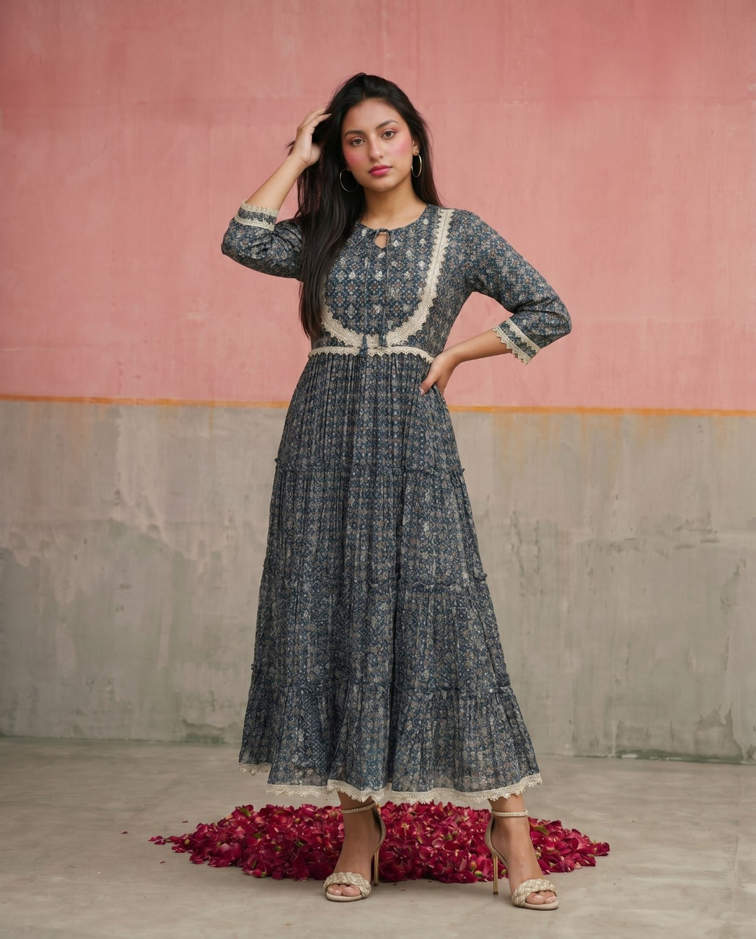 Navy Printed Silk Blended Maxi Dress