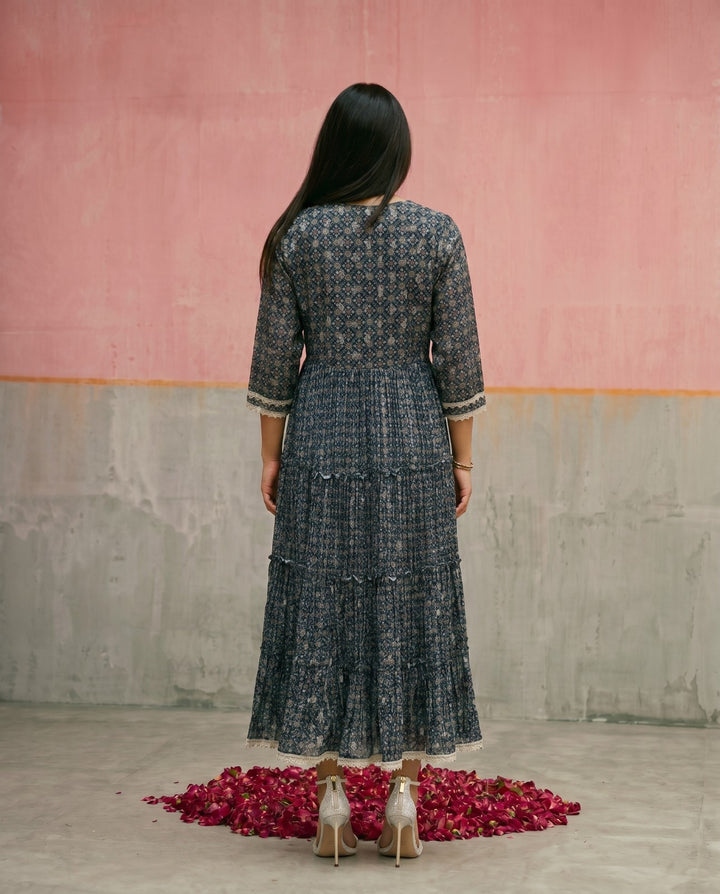 Navy Printed Silk Blended Maxi Dress