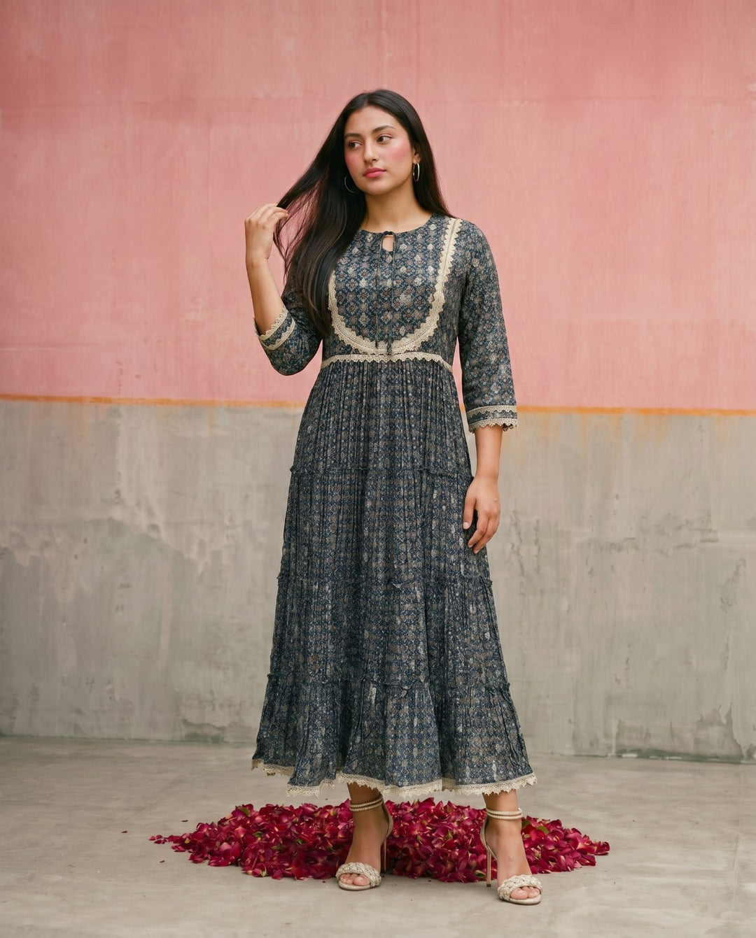 Navy Printed Silk Blended Maxi Dress