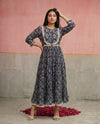 Navy Printed Silk Blended Maxi Dress