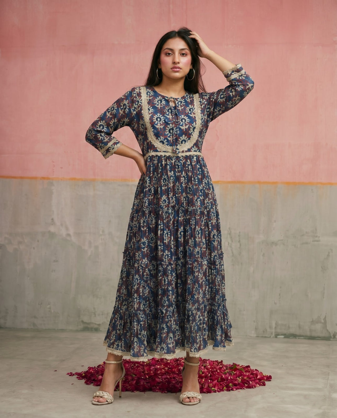Navy Printed Silk Blended Maxi Dress