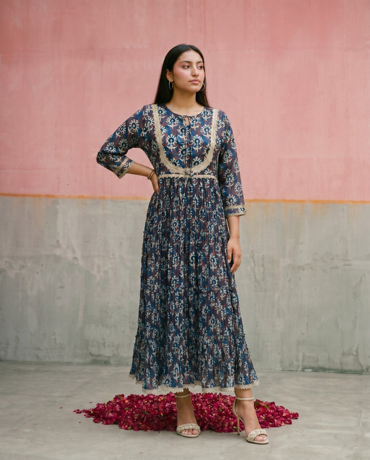 Navy Printed Silk Blended Maxi Dress