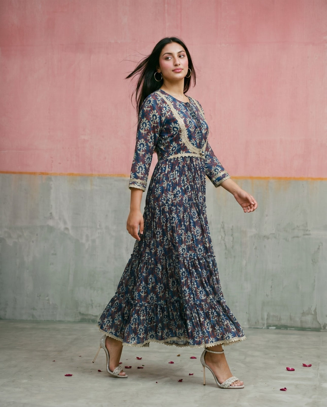 Navy Printed Silk Blended Maxi Dress