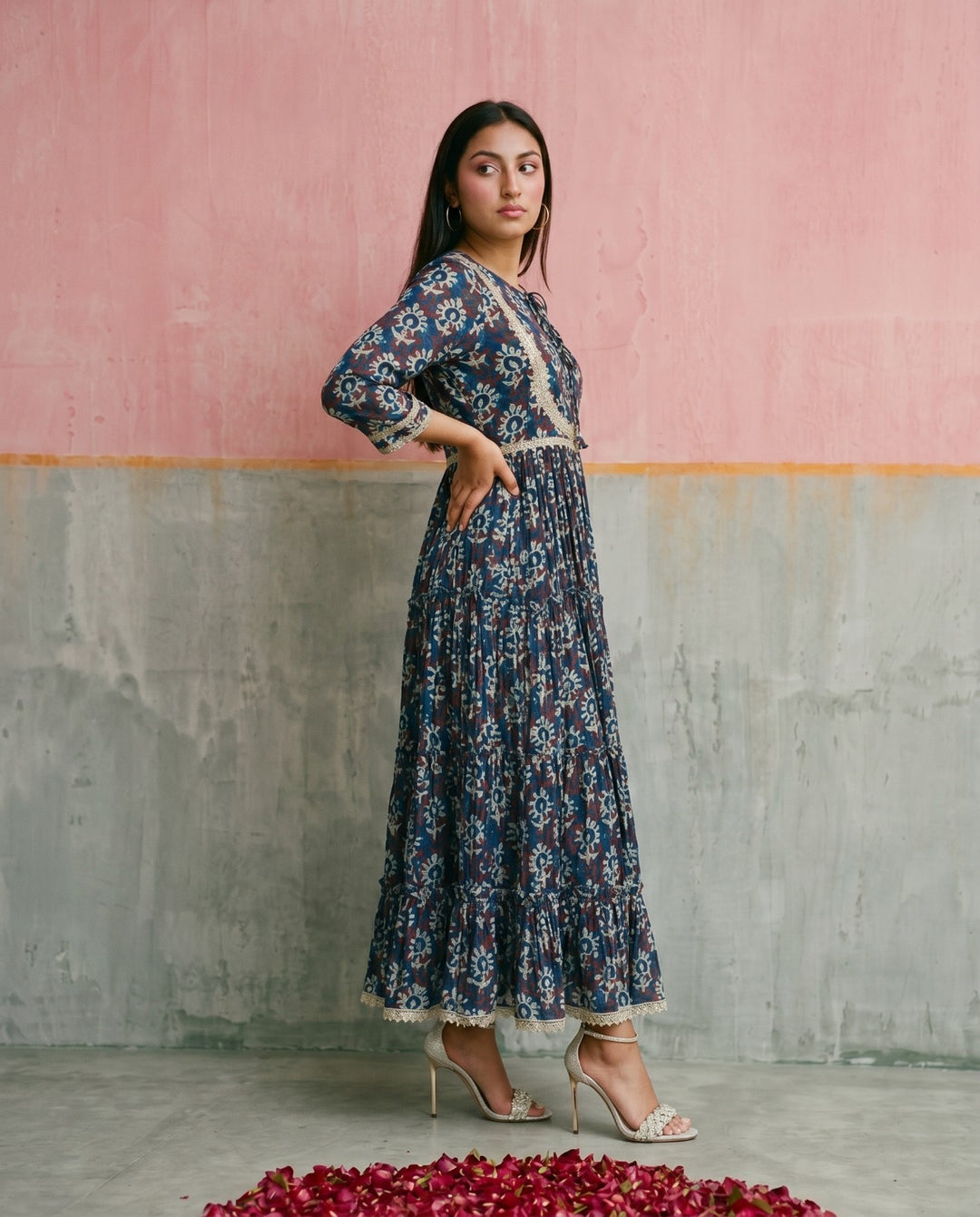 Navy Printed Silk Blended Maxi Dress