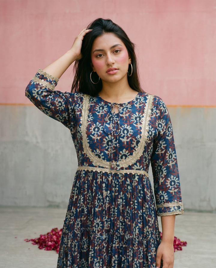 Navy Printed Silk Blended Maxi Dress