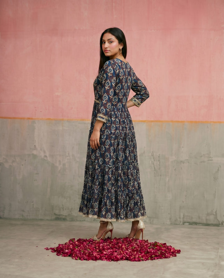 Navy Printed Silk Blended Maxi Dress