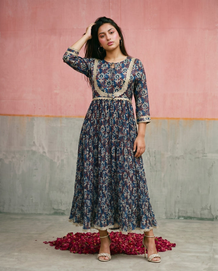 Navy Printed Silk Blended Maxi Dress