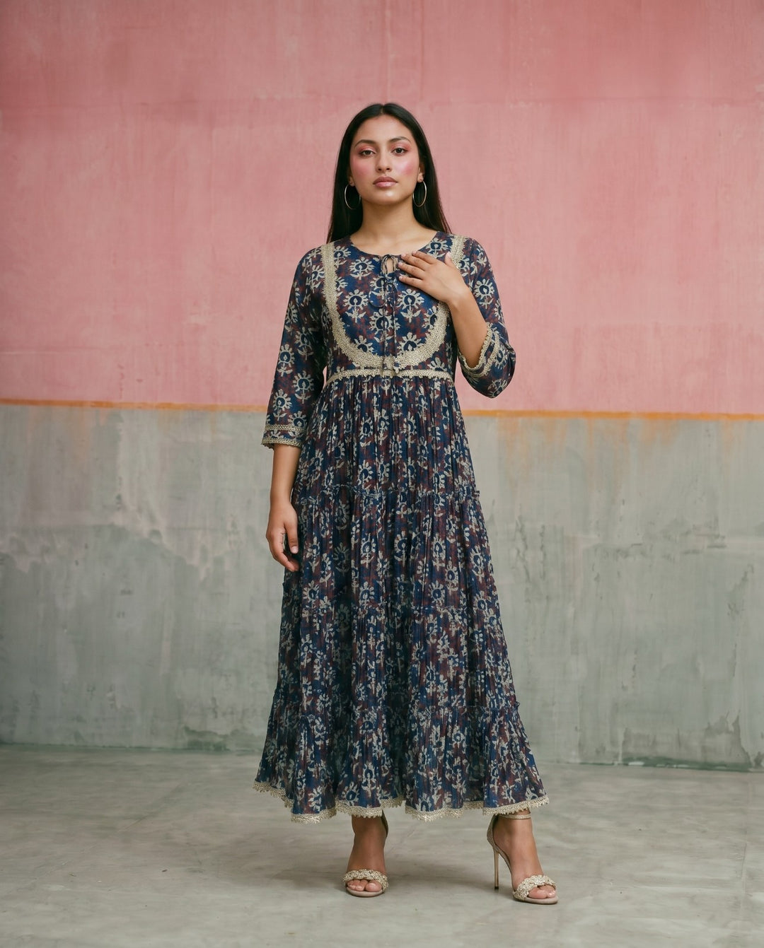 Navy Printed Silk Blended Maxi Dress
