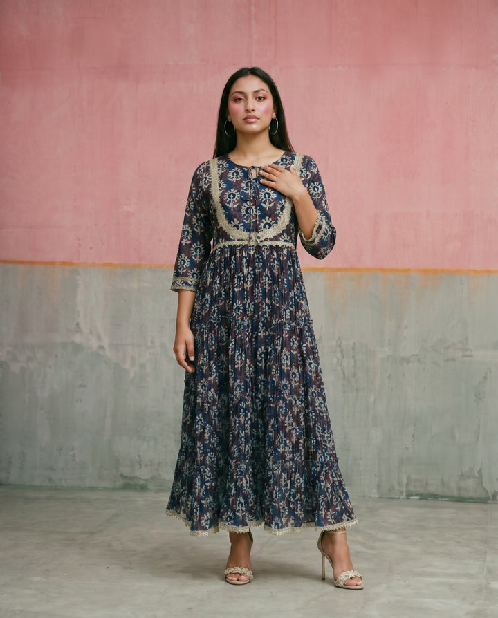 Navy Printed Silk Blended Maxi Dress