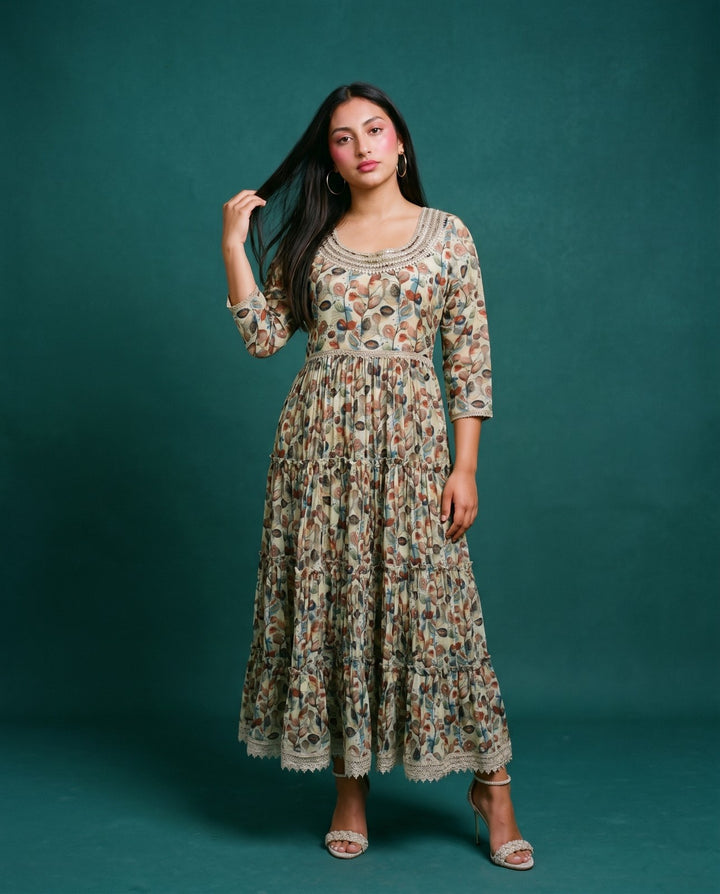 Multi-Colour Printed Silk Blended Maxi Dress