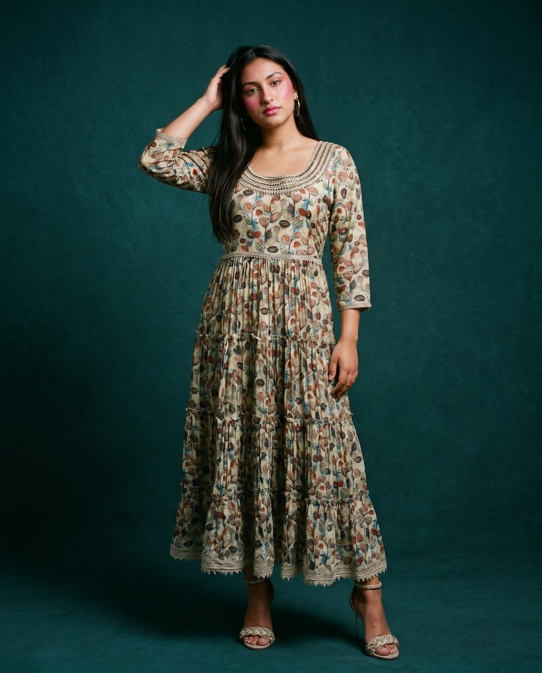 Multi-Colour Printed Silk Blended Maxi Dress