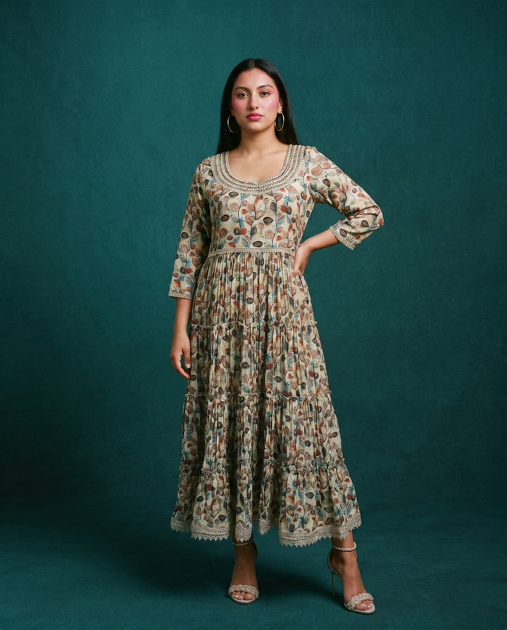 Multi-Colour Printed Silk Blended Maxi Dress