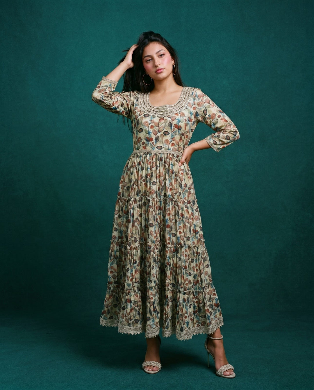 Multi-Colour Printed Silk Blended Maxi Dress