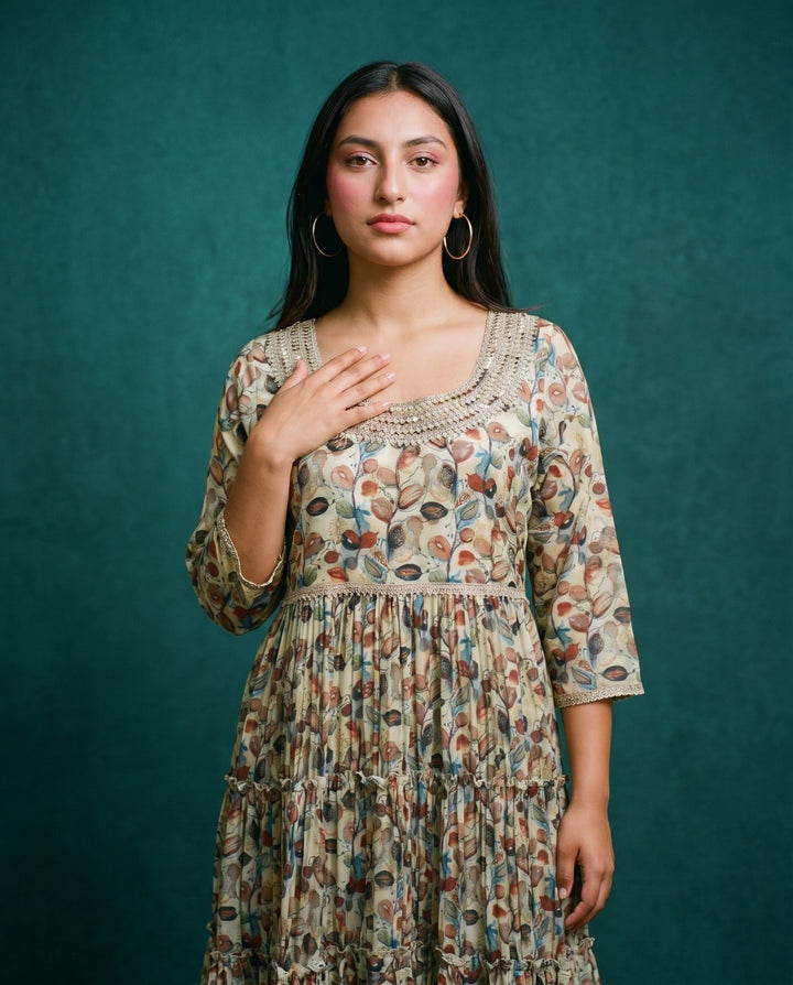 Multi-Colour Printed Silk Blended Maxi Dress