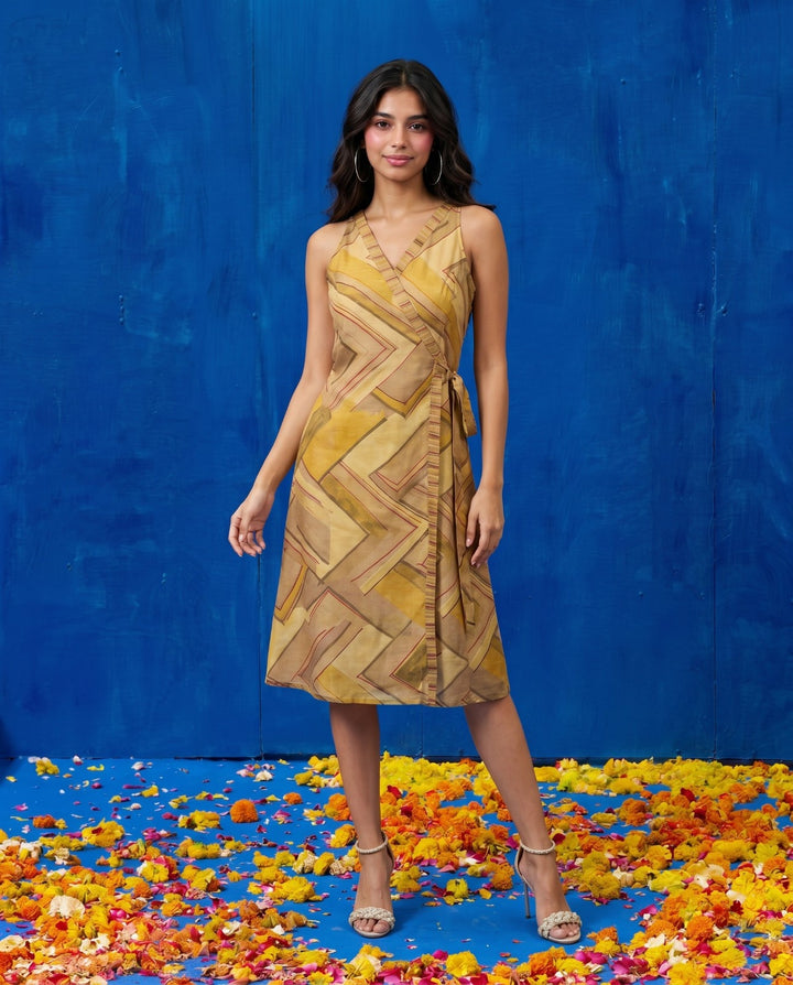 Beige Printed Viscose Blended Midi Dress