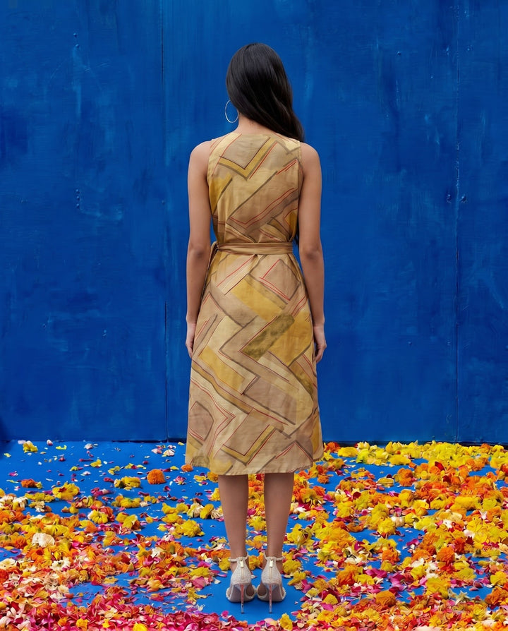 Beige Printed Viscose Blended Midi Dress