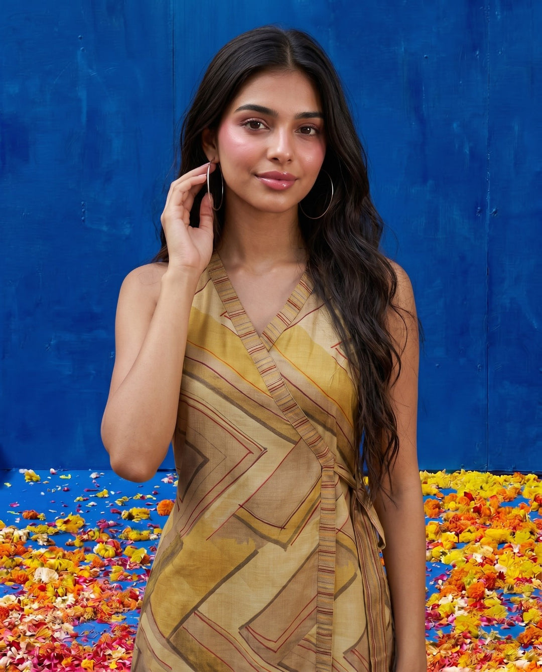 Beige Printed Viscose Blended Midi Dress