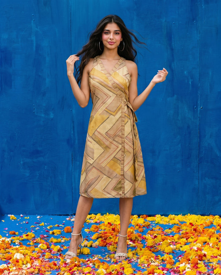 Beige Printed Viscose Blended Midi Dress