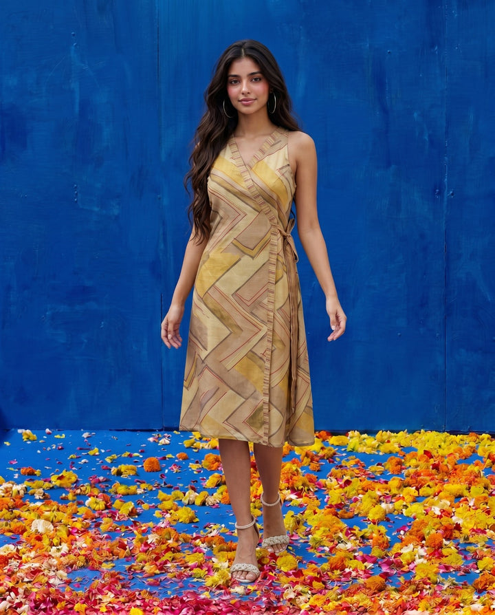 Beige Printed Viscose Blended Midi Dress