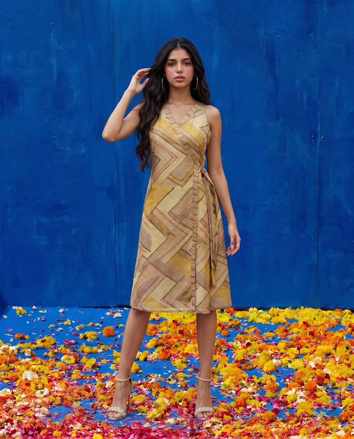 Beige Printed Viscose Blended Midi Dress