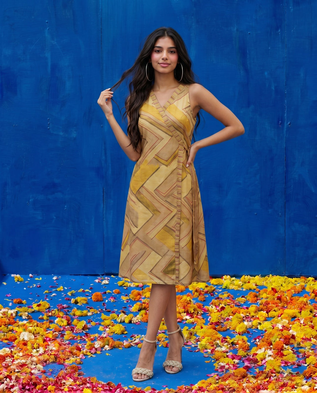 Beige Printed Viscose Blended Midi Dress