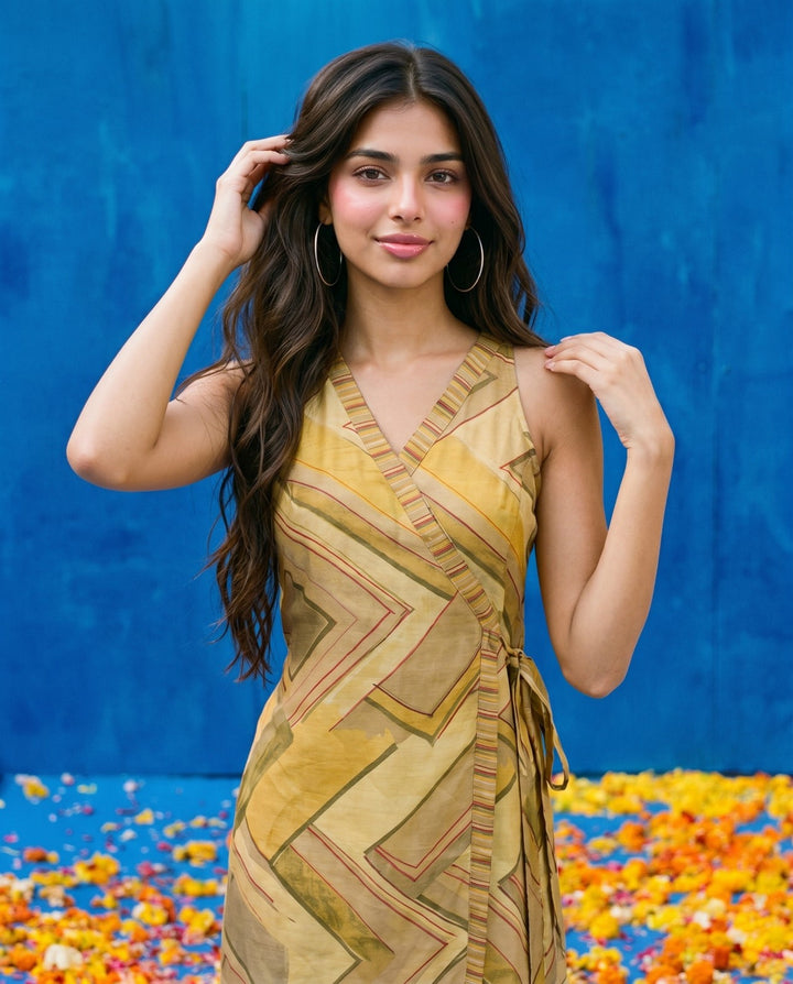 Beige Printed Viscose Blended Midi Dress