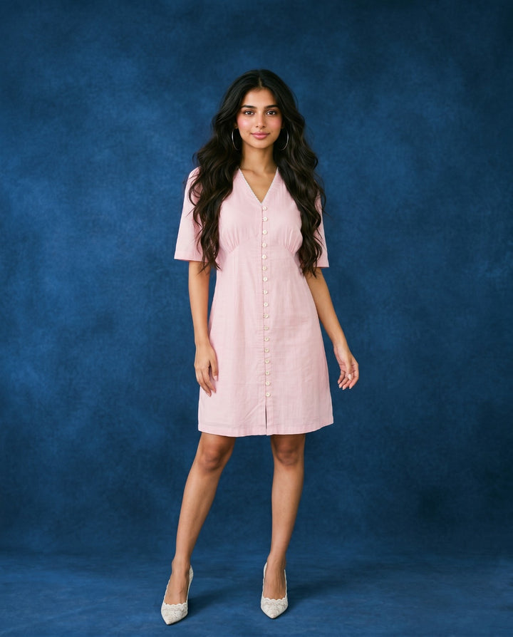 Pink Solid Viscose Blended Midi Dress