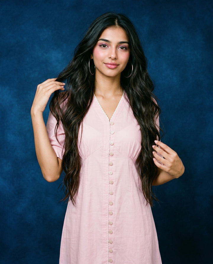 Pink Solid Viscose Blended Midi Dress