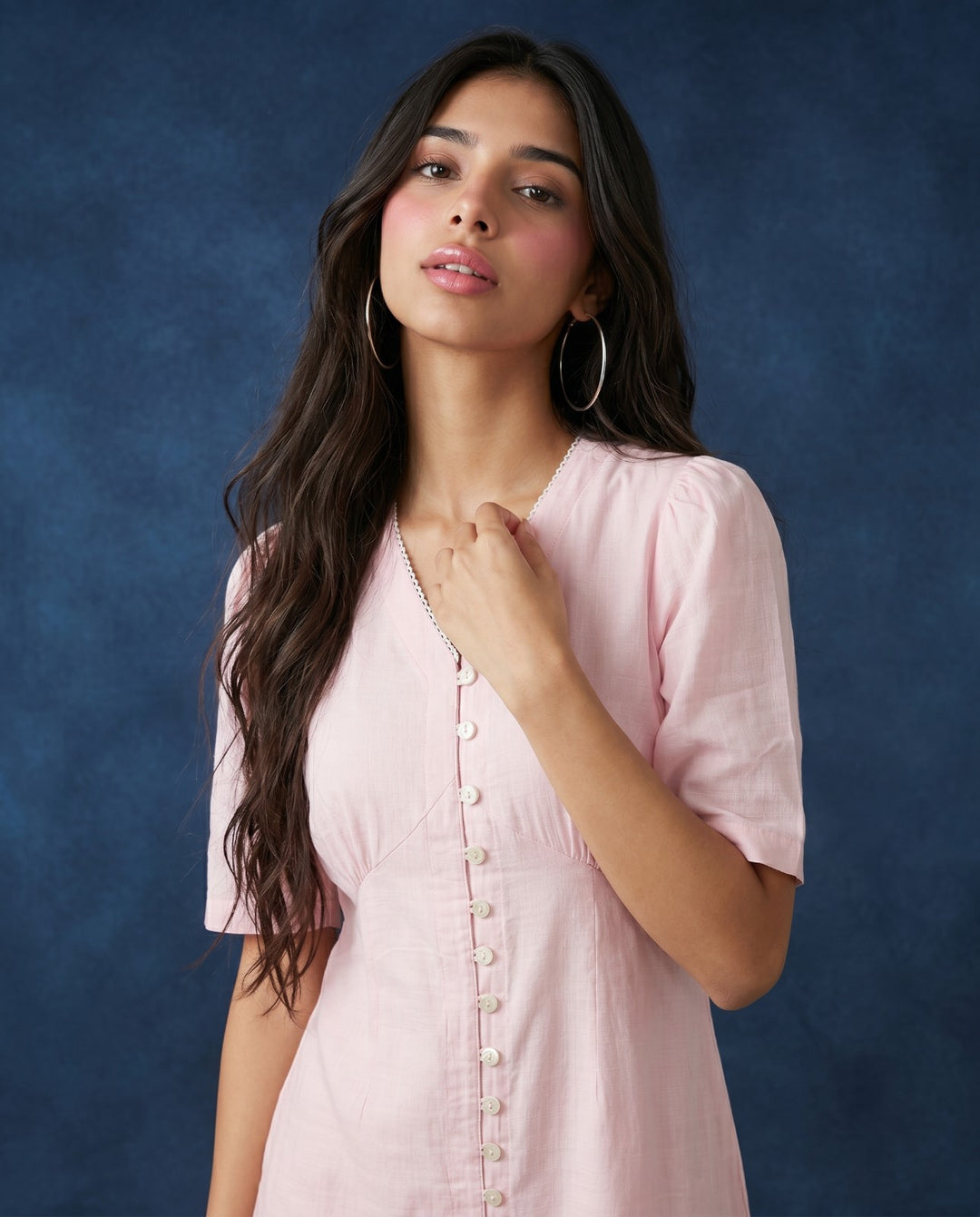 Pink Solid Viscose Blended Midi Dress