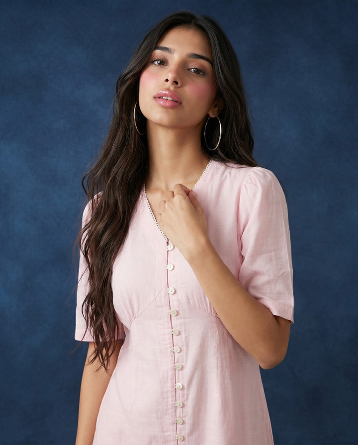 Pink Solid Viscose Blended Midi Dress