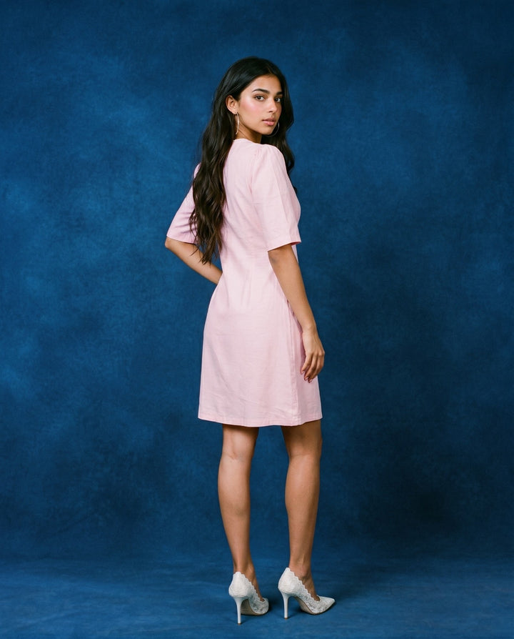 Pink Solid Viscose Blended Midi Dress